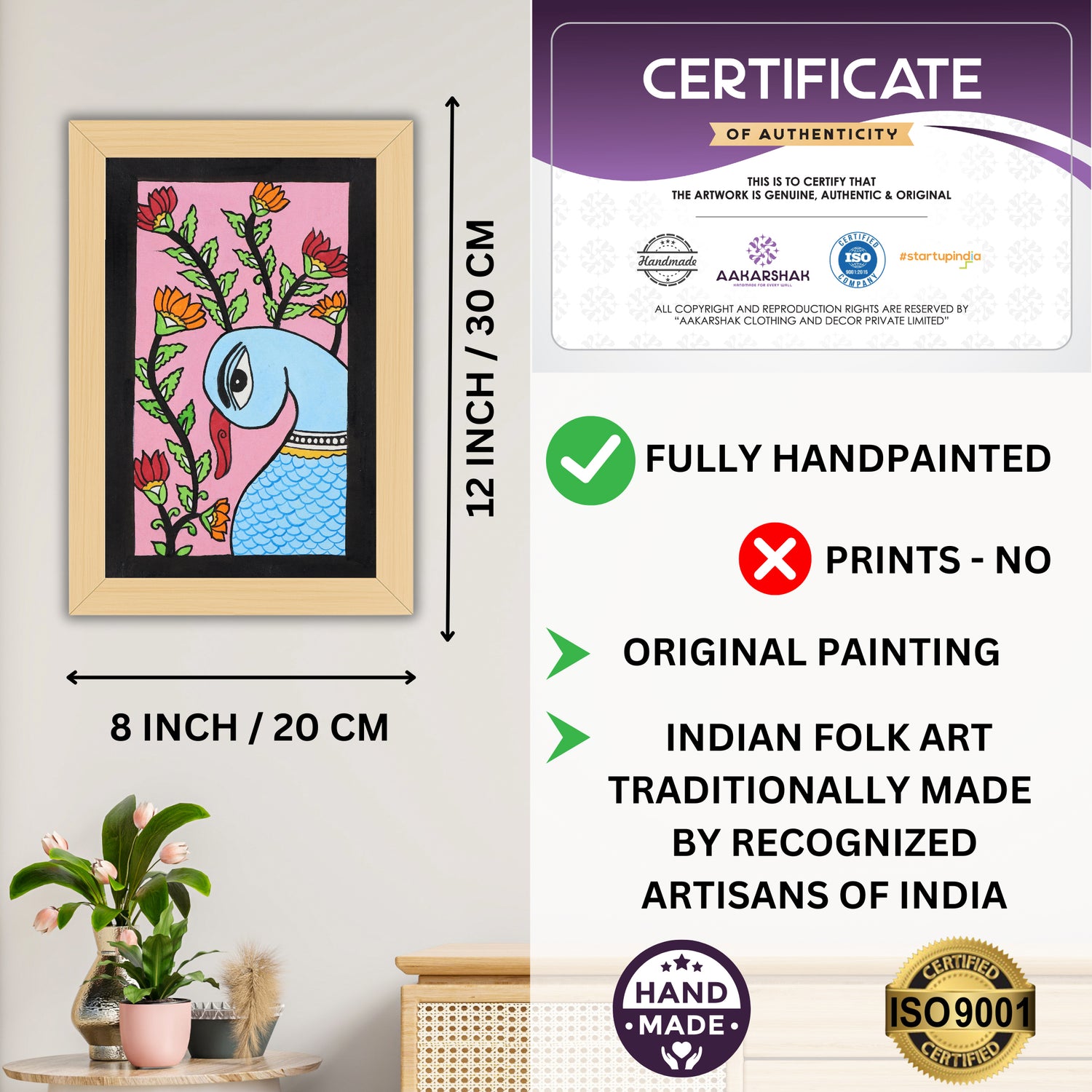 Framed artwork with dimensions, authenticity certificate-handmade iso certified-peacock kalamkari painting