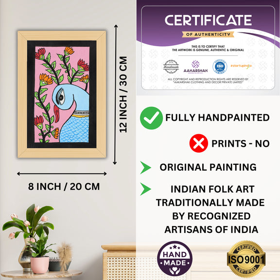 Framed artwork with dimensions, authenticity certificate-handmade iso certified-peacock kalamkari painting