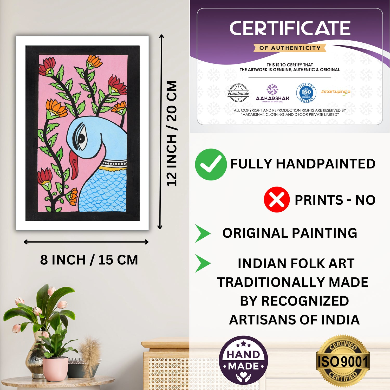 Framed artwork with dimensions, authenticity certificate-handmade iso certified-peacock kalamkari painting