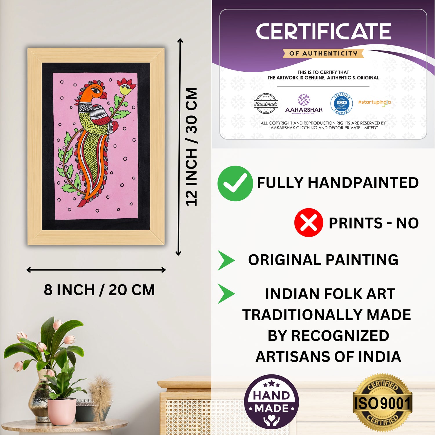 Framed artwork with dimensions, authenticity certificate-handmade iso certified-peacock kalamkari painting