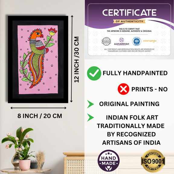Framed artwork with dimensions, authenticity certificate-handmade iso certified-peacock kalamkari painting