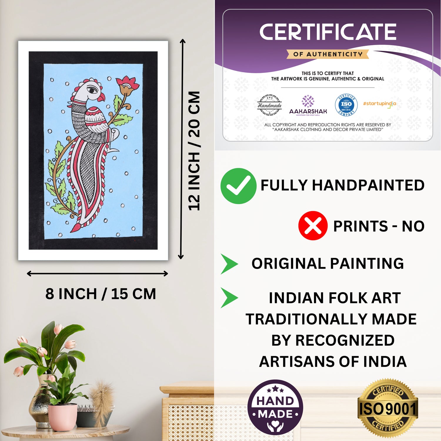 Framed artwork with dimensions, authenticity certificate-handmade iso certified-peacock kalamkari painting