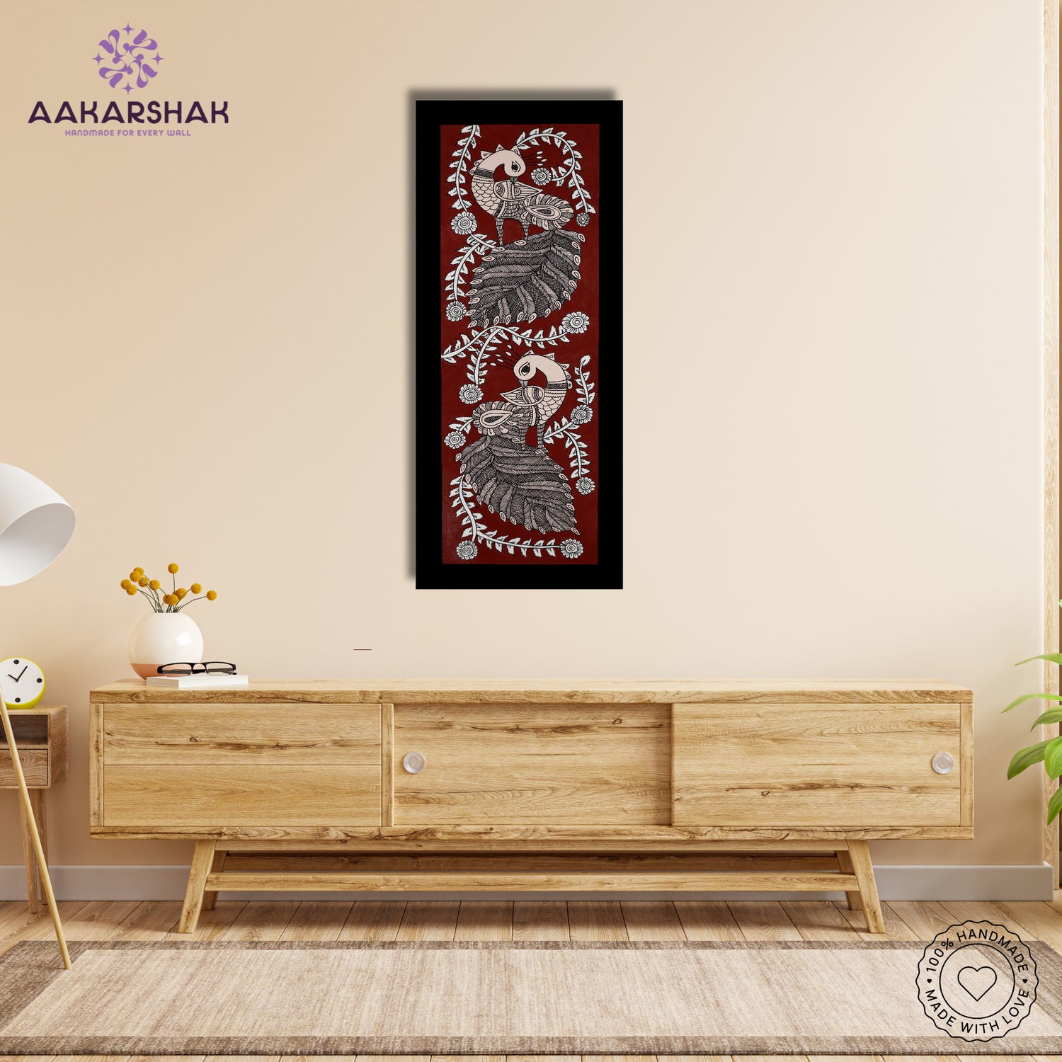 Framed artwork with peacock design -handmade kalamkari painting for home decor