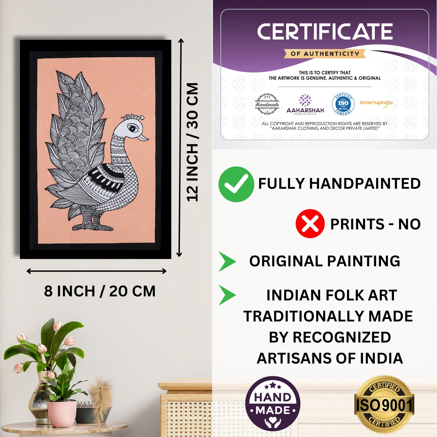 Framed artwork with dimensions, authenticity certificate-handmade iso certified-peacock kalamkari painting