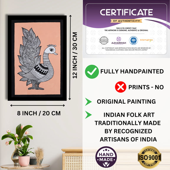 Framed artwork with dimensions, authenticity certificate-handmade iso certified-peacock kalamkari painting