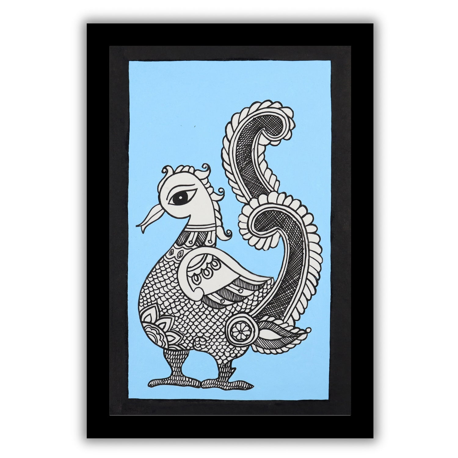 Handmade Kalamkari painting with Peacock motif, framed for wall decor – traditional Indian folk art
