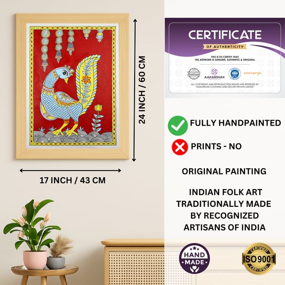 Framed artwork with dimensions, authenticity certificate and handmade iso certified-peacock kalamkari painting