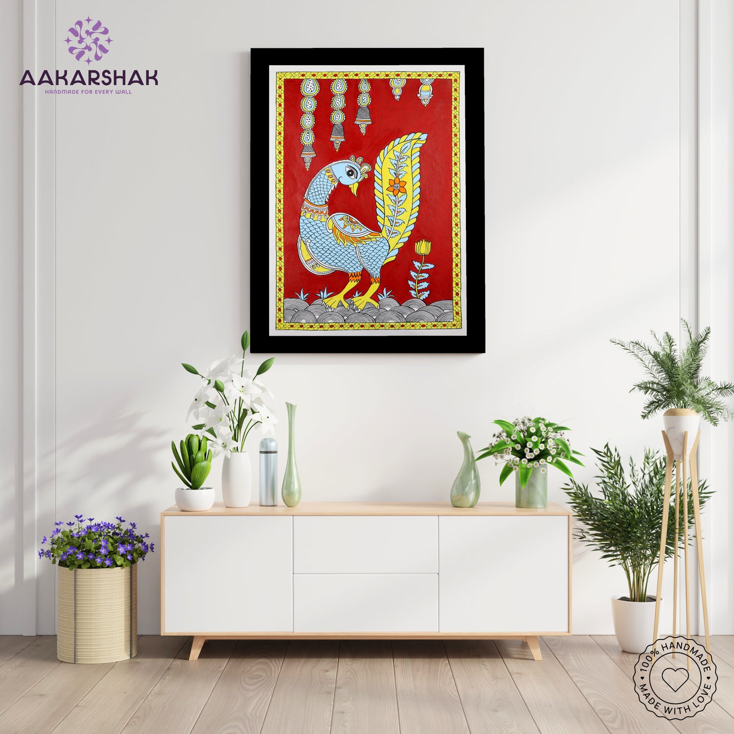 Framed artwork with peacock design on a red background-handmade kalamkari painting for home decor