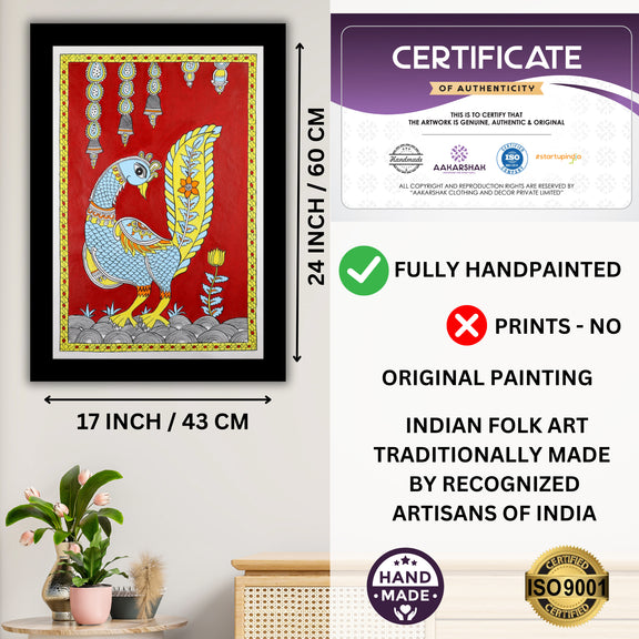 Framed artwork with dimensions, authenticity certificate and handmade iso certified-peacock kalamkari painting