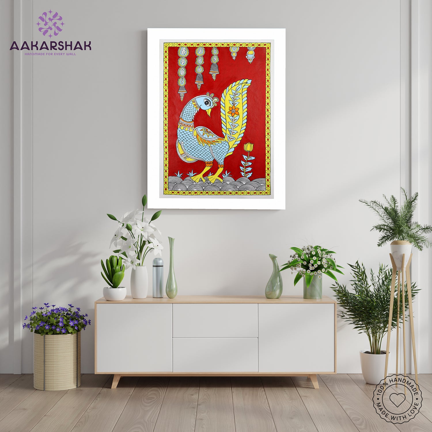 Framed artwork with peacock design on a red background-handmade kalamkari painting for home decor