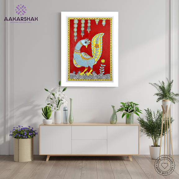 Framed artwork with peacock design on a red background-handmade kalamkari painting for home decor