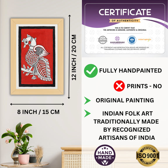Framed artwork with dimensions, authenticity certificate-handmade iso certified-peacock kalamkari painting