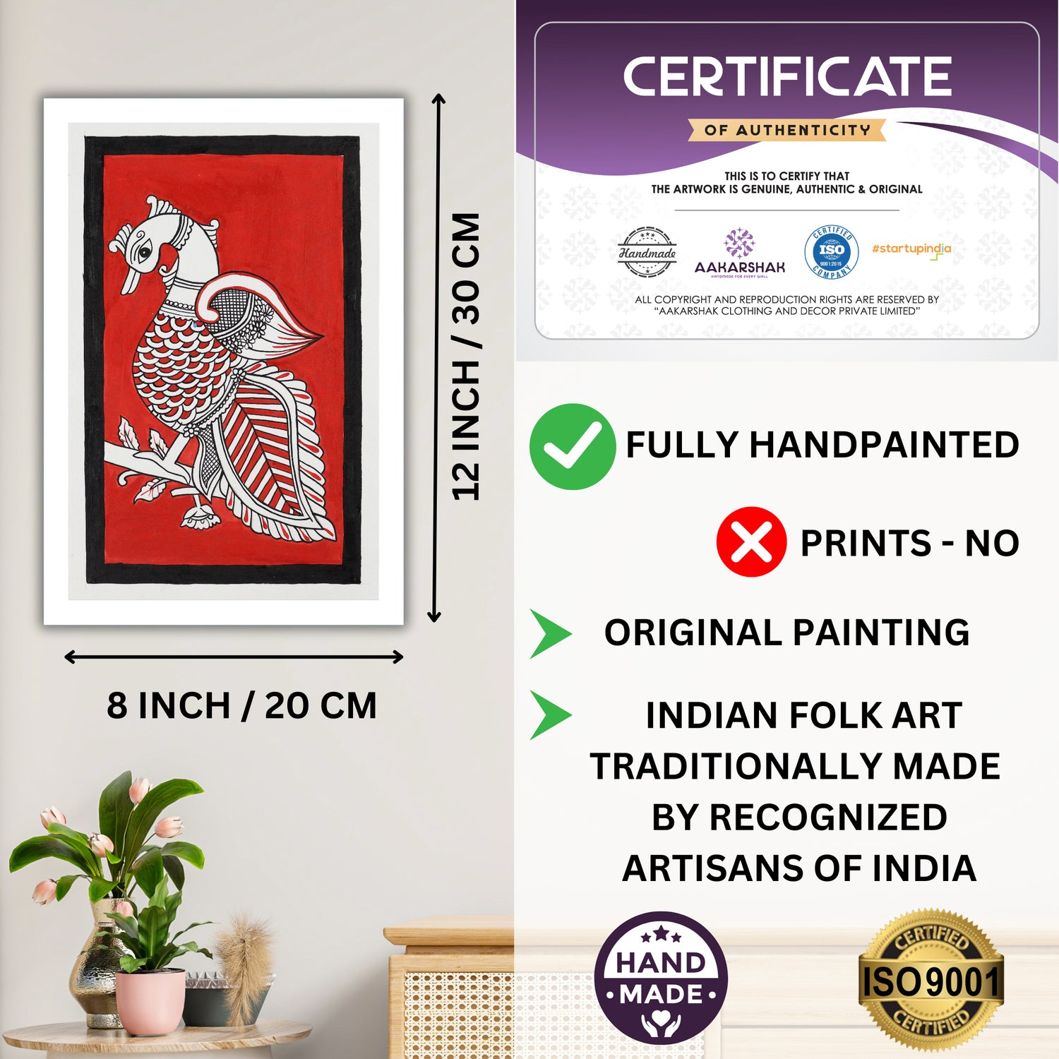 Framed artwork with dimensions, authenticity certificate-handmade iso certified-peacock kalamkari painting
