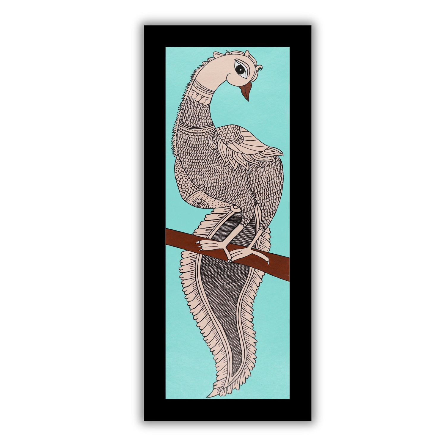 Handmade Kalamkari Peacock Painting Framed  8x23  Inch Wall Art