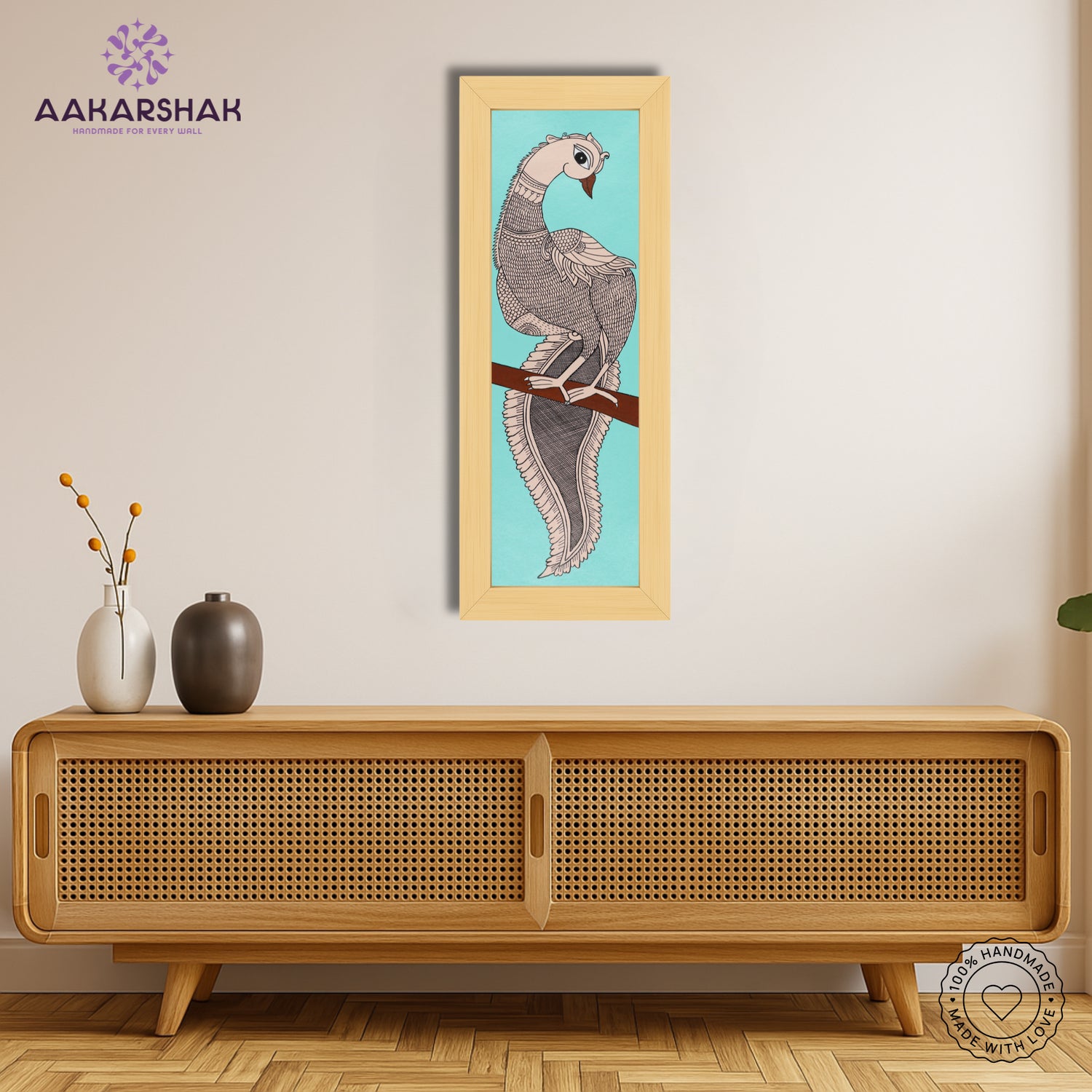 Framed artwork with peacock design -handmade kalamkari painting for home decor