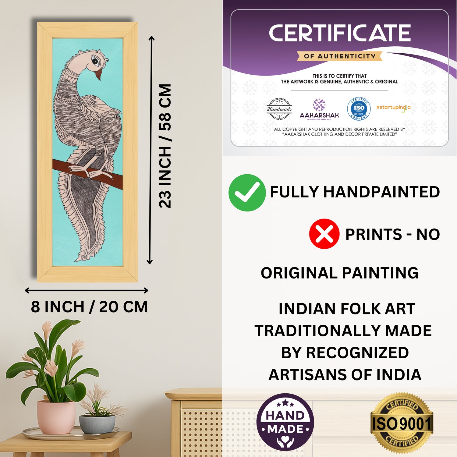 Framed artwork with dimensions, authenticity certificate and handmade iso certified-peacock kalamkari painting
