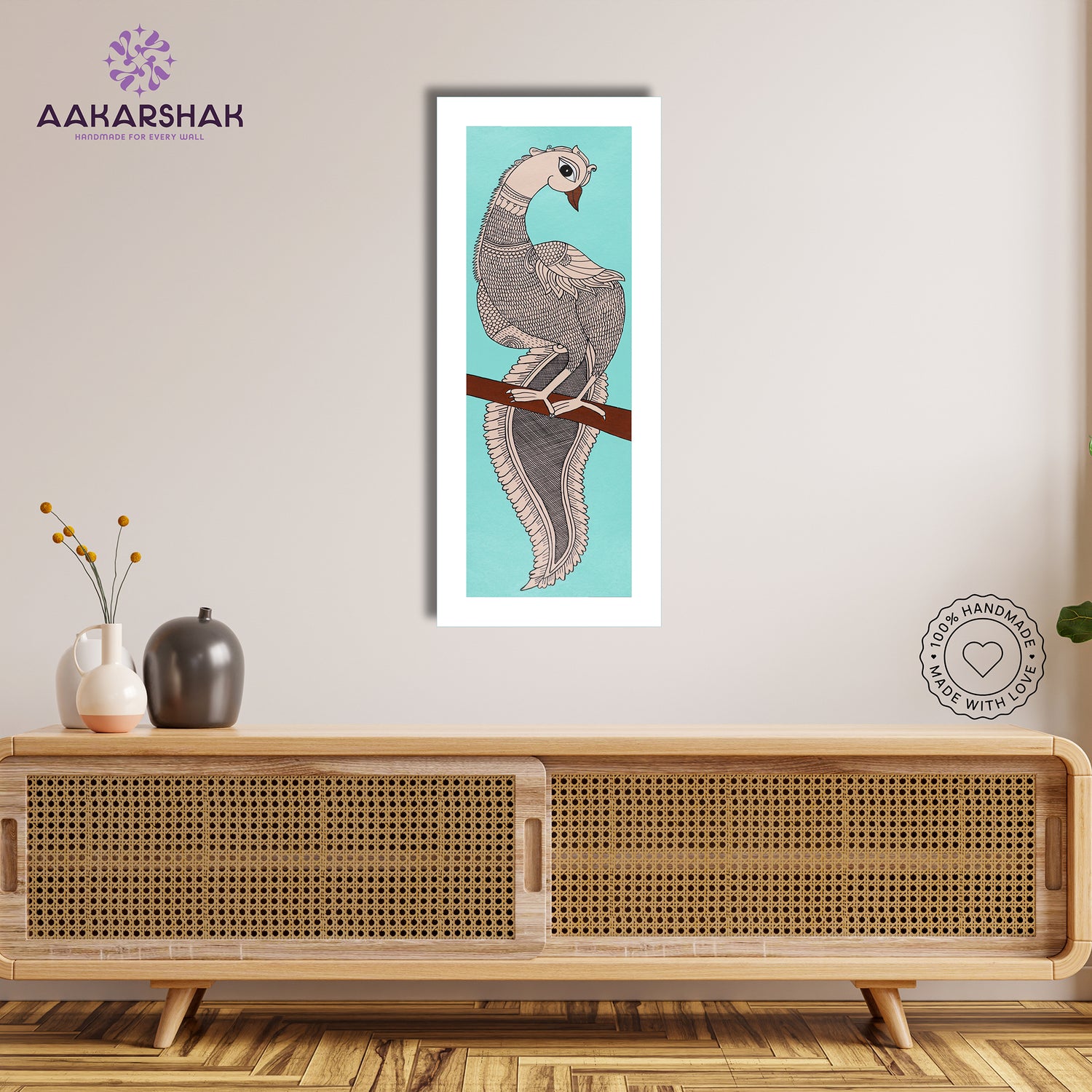 Framed artwork with peacock design -handmade kalamkari painting for home decor