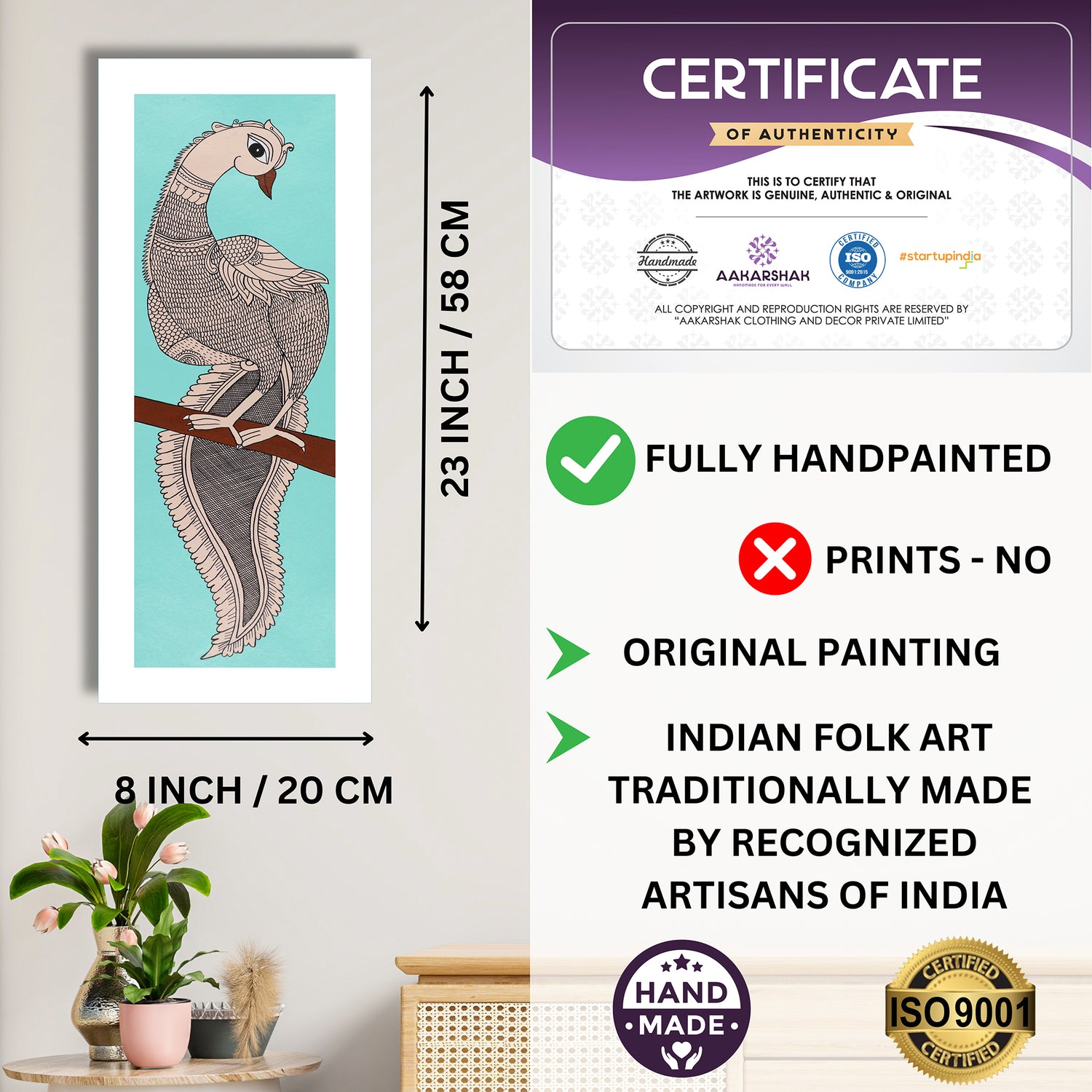 Framed artwork with dimensions, authenticity certificate and handmade iso certified-peacock kalamkari painting