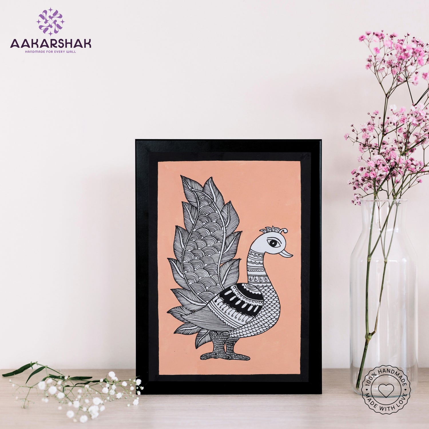 handmade kalamkari peacock painting-with tabletop stand for home decor