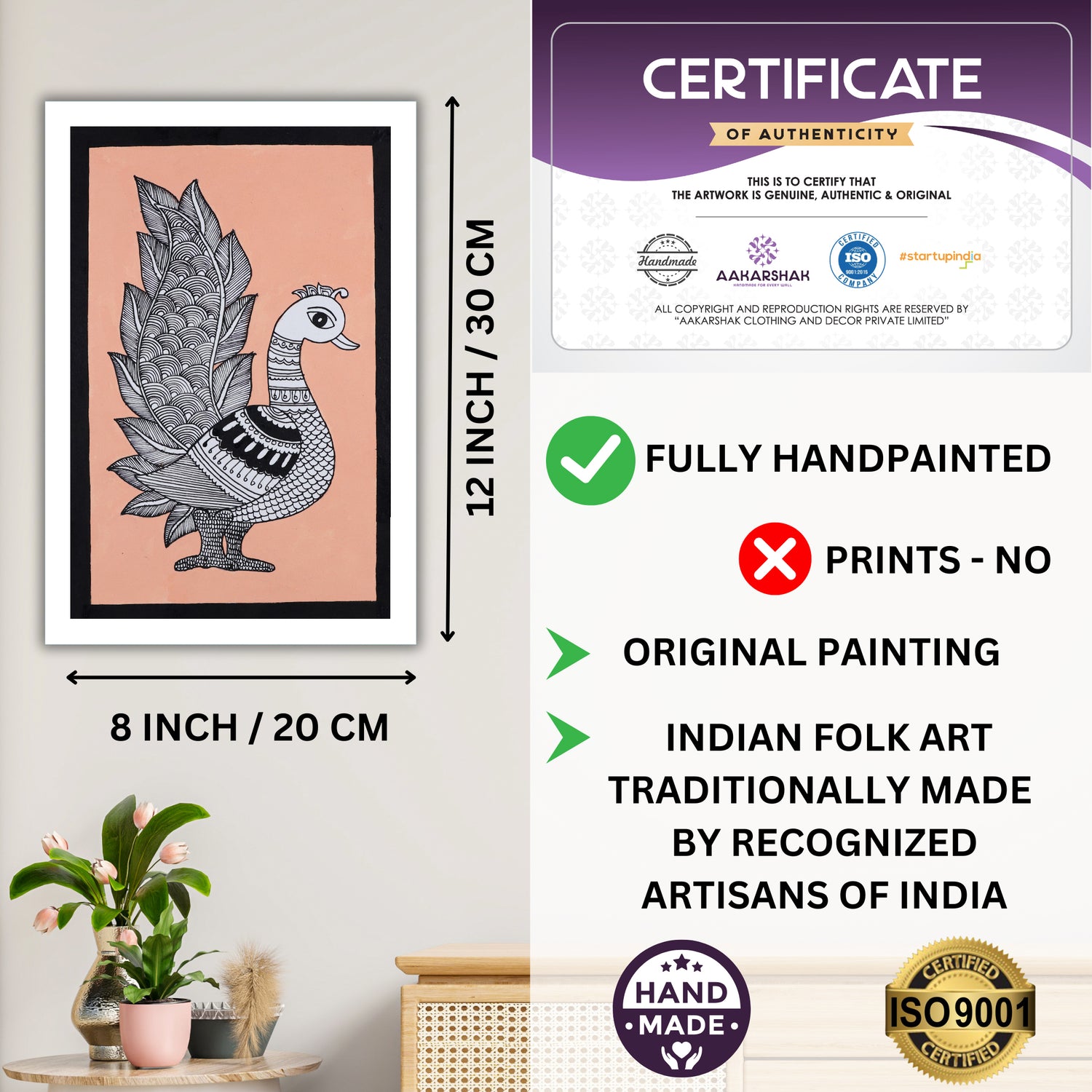 Framed artwork with dimensions, authenticity certificate-handmade iso certified-peacock kalamkari painting