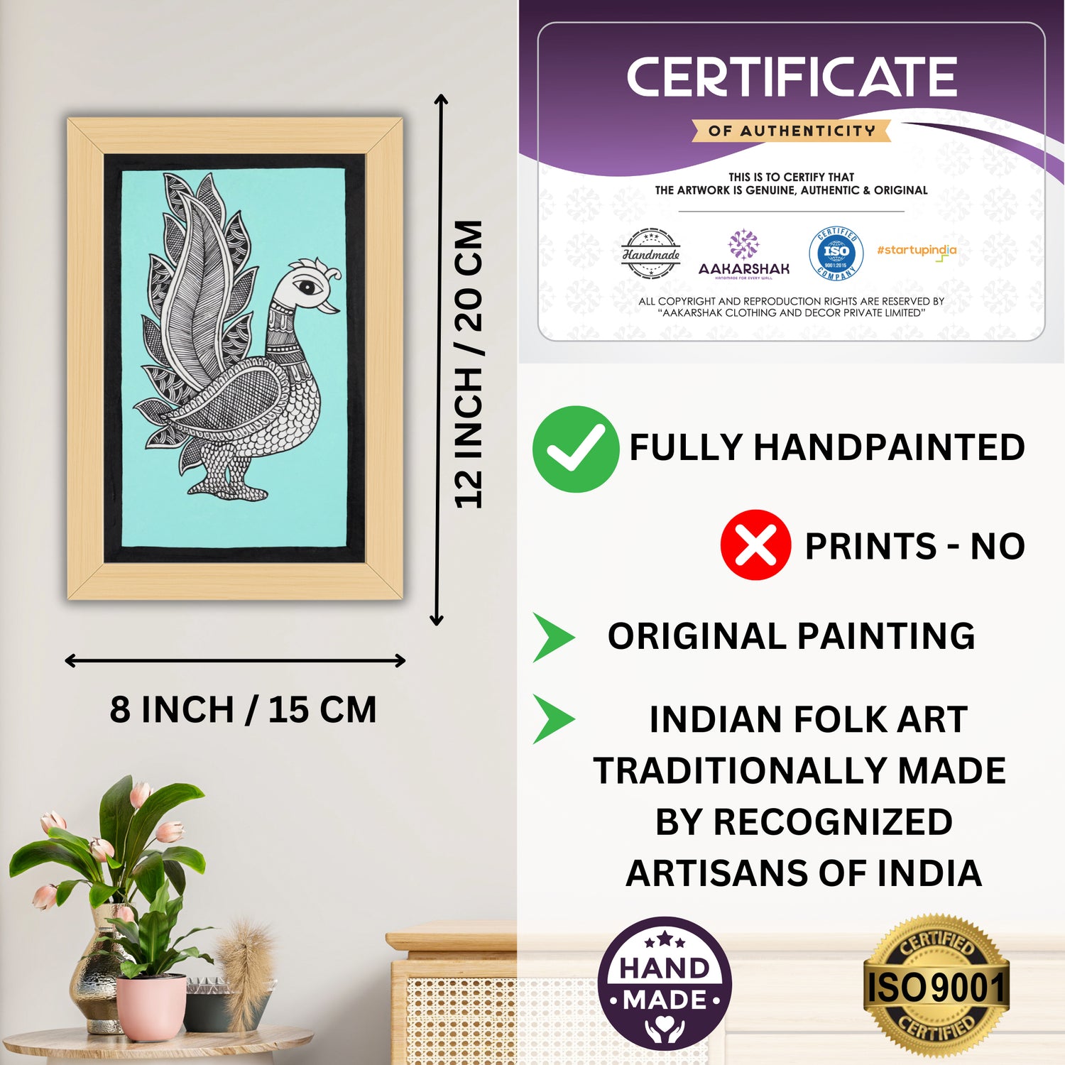 Framed artwork with dimensions, authenticity certificate-handmade iso certified-peacock kalamkari painting