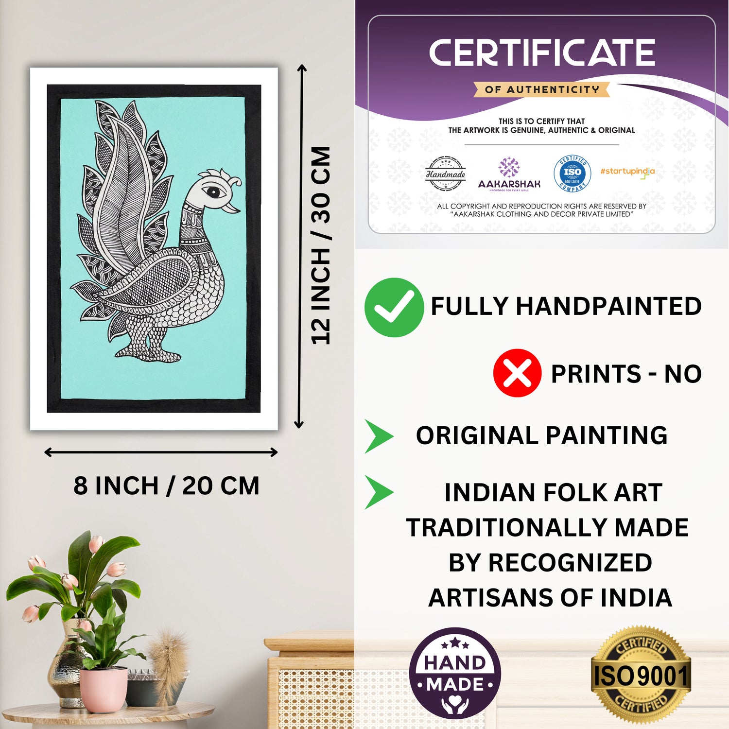 Framed artwork with dimensions, authenticity certificate-handmade iso certified-peacock kalamkari painting