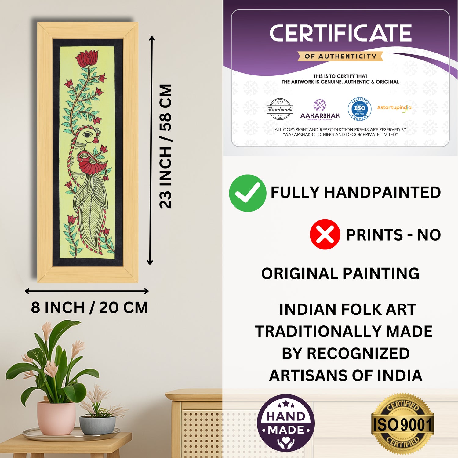 Framed artwork with dimensions, authenticity certificate and handmade iso certified-peacock kalamkari painting