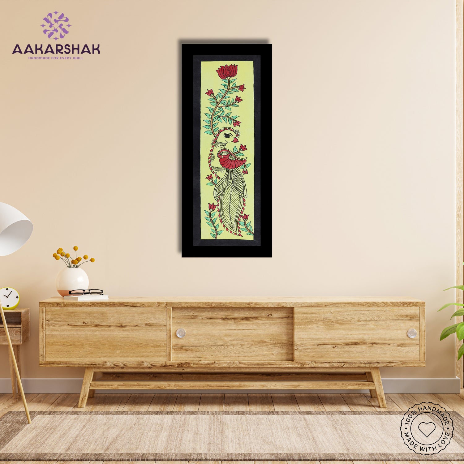 Framed artwork with peacock design -handmade kalamkari painting for home decor