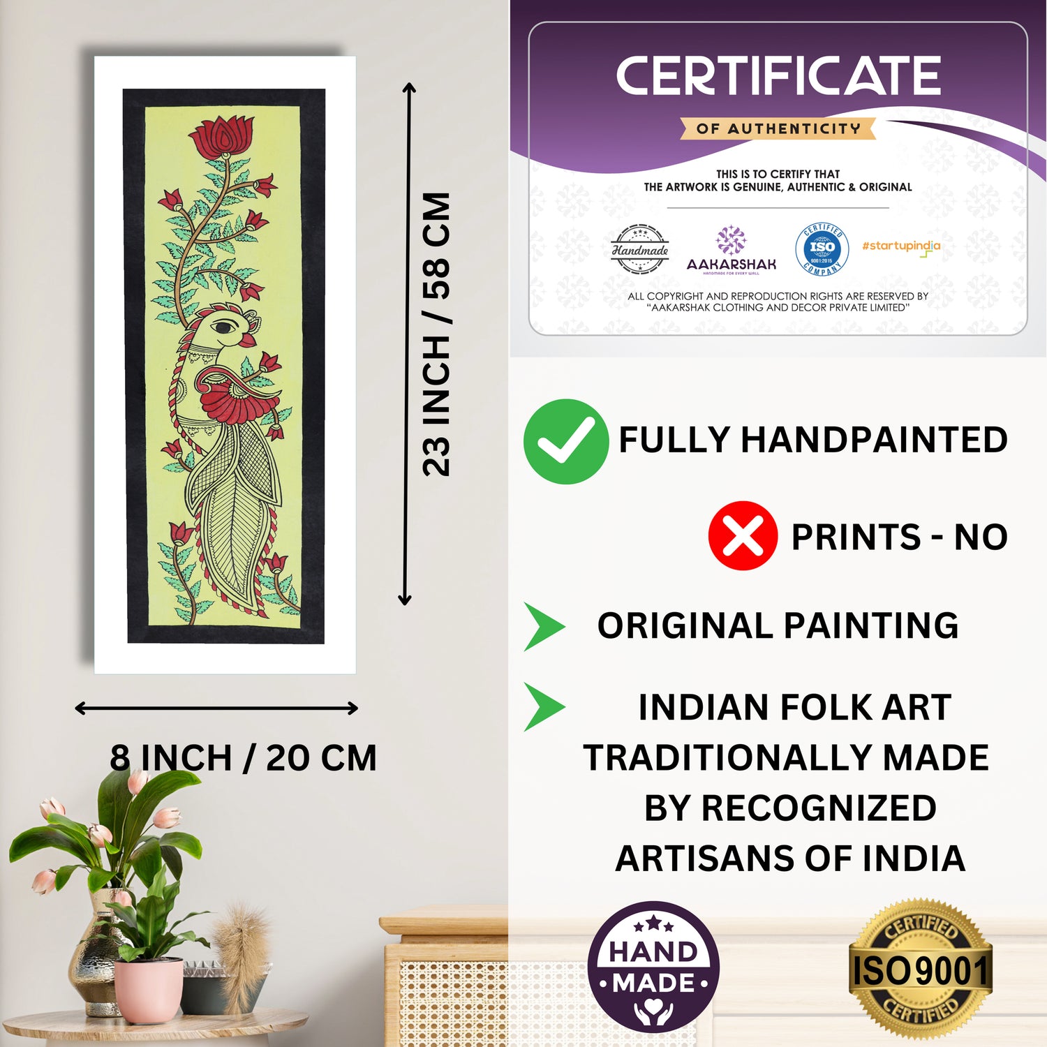 Framed artwork with dimensions, authenticity certificate and handmade iso certified-peacock kalamkari painting