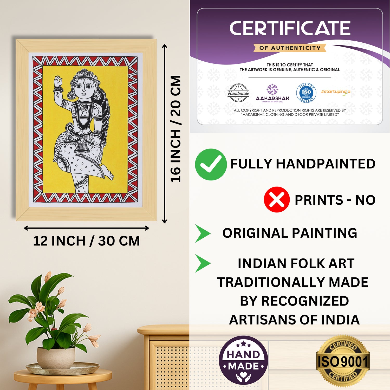 Framed artwork with dimensions, authenticity certificate and handmade iso certified-radha kalamkari painting