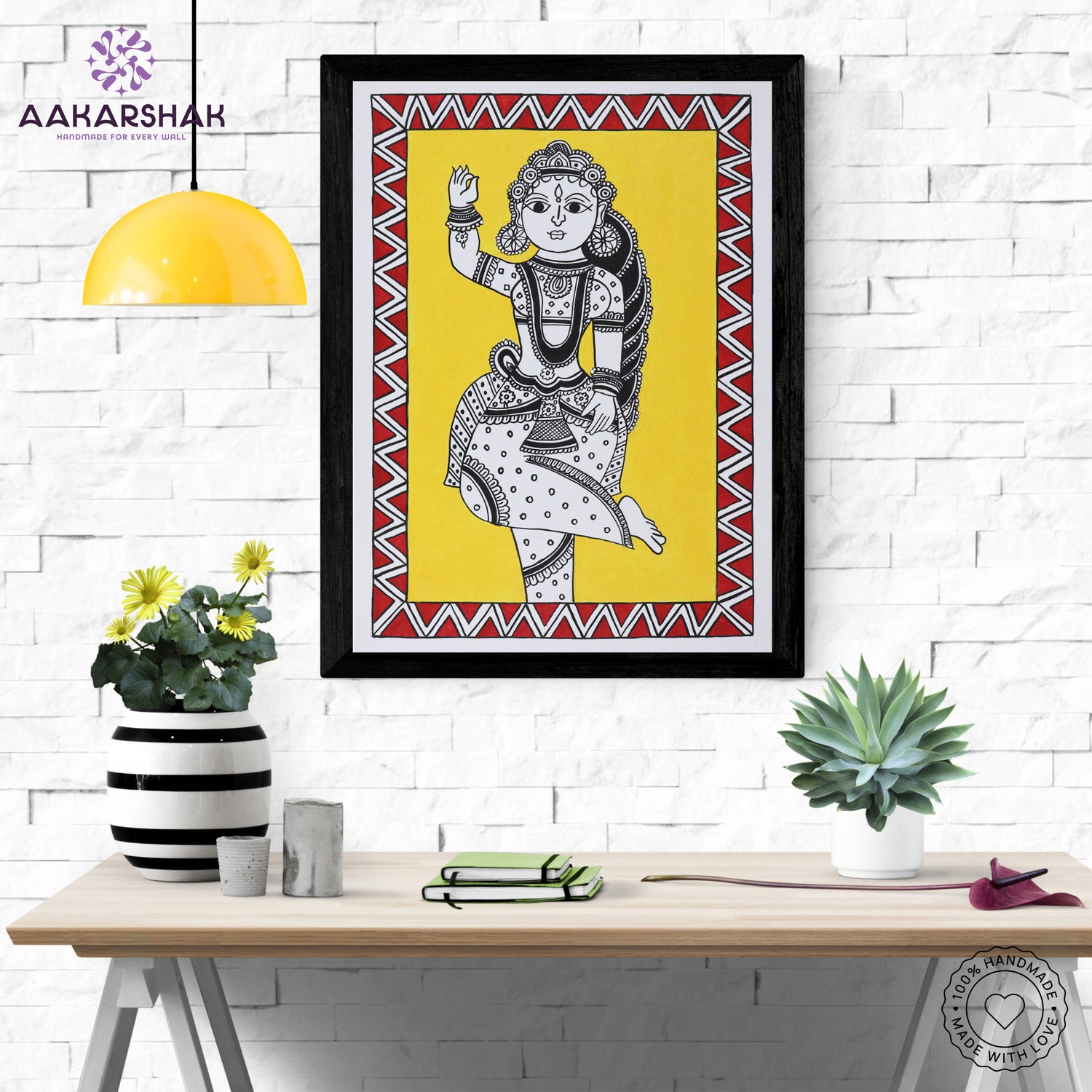 Framed artwork with radha design on a yellow background-handmade kalamkari painting for home decor