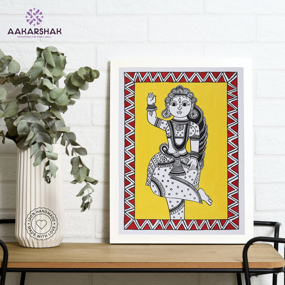 Framed artwork with radha design on a yellow background-handmade kalamkari painting for home decor