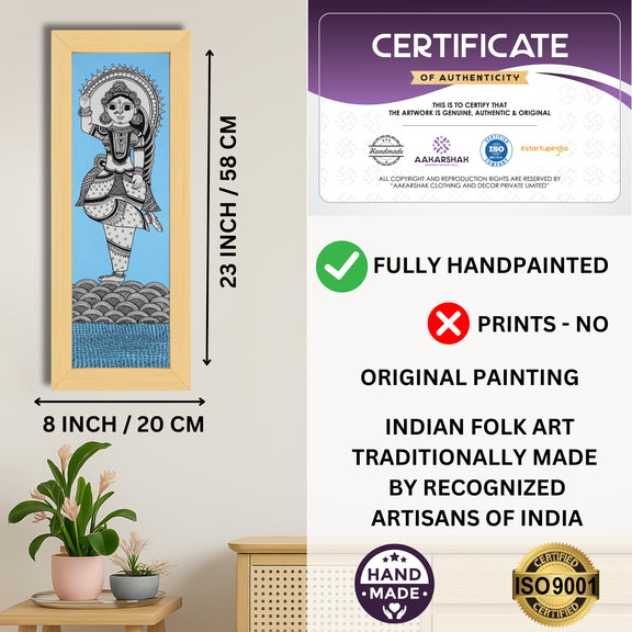 Framed artwork with dimensions, authenticity certificate and handmade iso certified-radha kalamkari painting