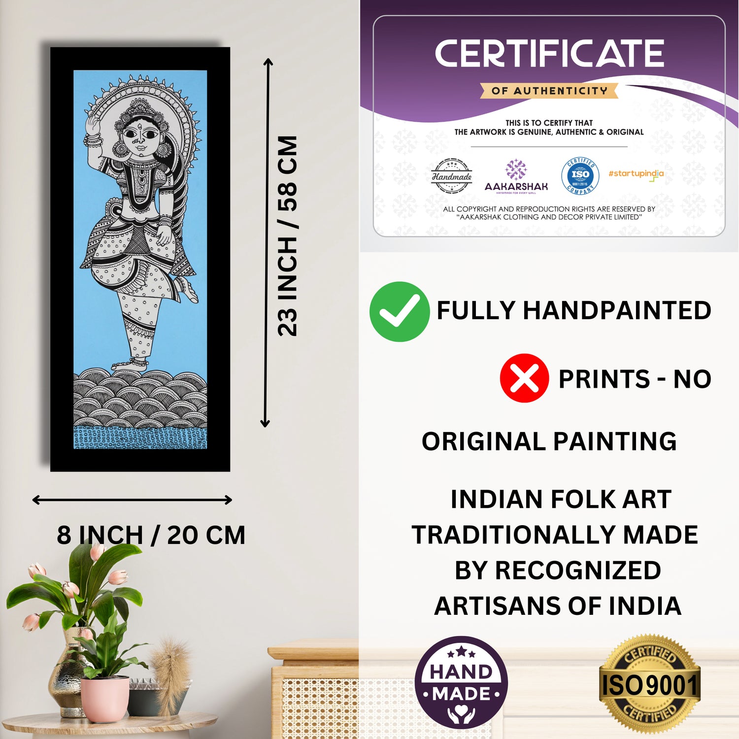 Framed artwork with dimensions, authenticity certificate and handmade iso certified-radha kalamkari painting