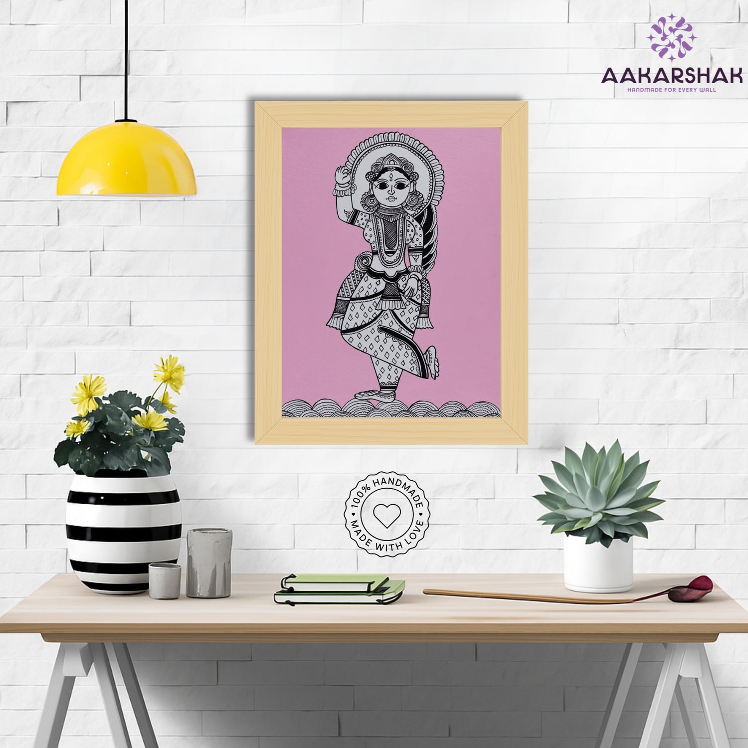 Framed artwork with radha design on a pink background-handmade kalamkari painting for home decor
