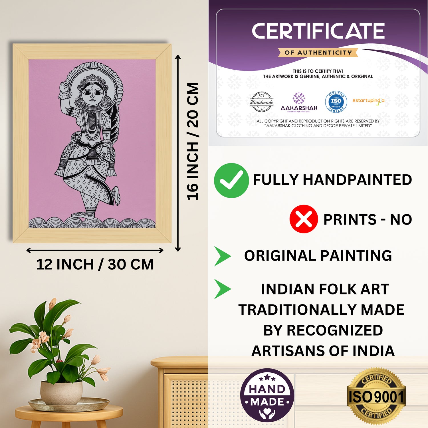 Framed artwork with dimensions, authenticity certificate and handmade iso certified-radha kalamkari painting