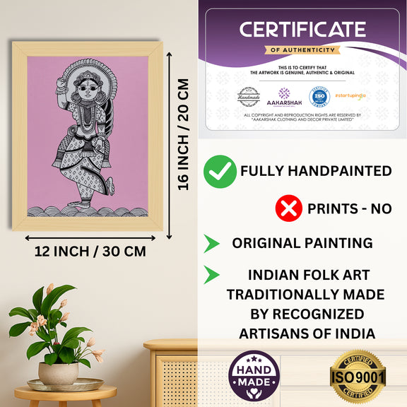 Framed artwork with dimensions, authenticity certificate and handmade iso certified-radha kalamkari painting