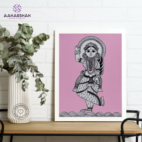 Framed artwork with radha design on a pink background-handmade kalamkari painting for home decor

