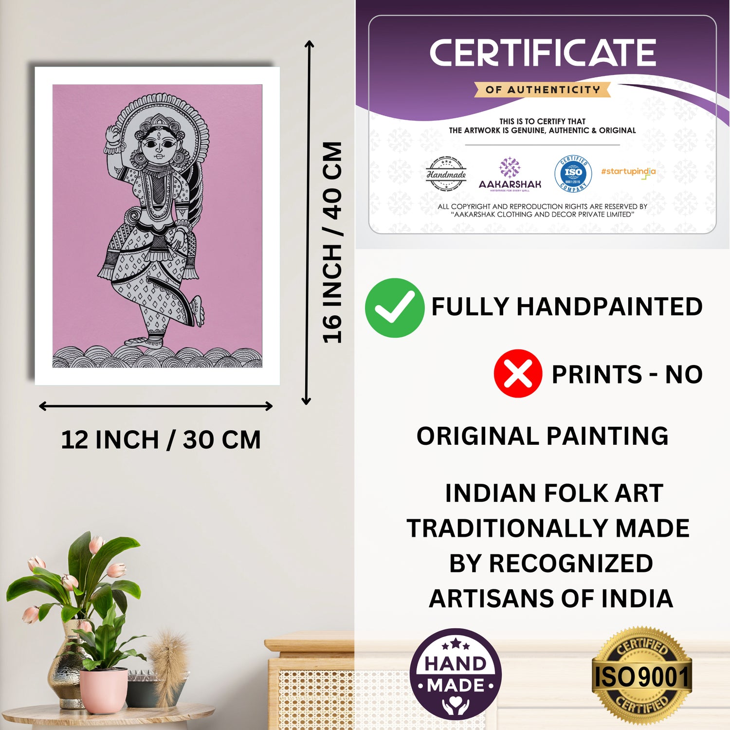 Framed artwork with dimensions, authenticity certificate and handmade iso certified-radha kalamkari painting