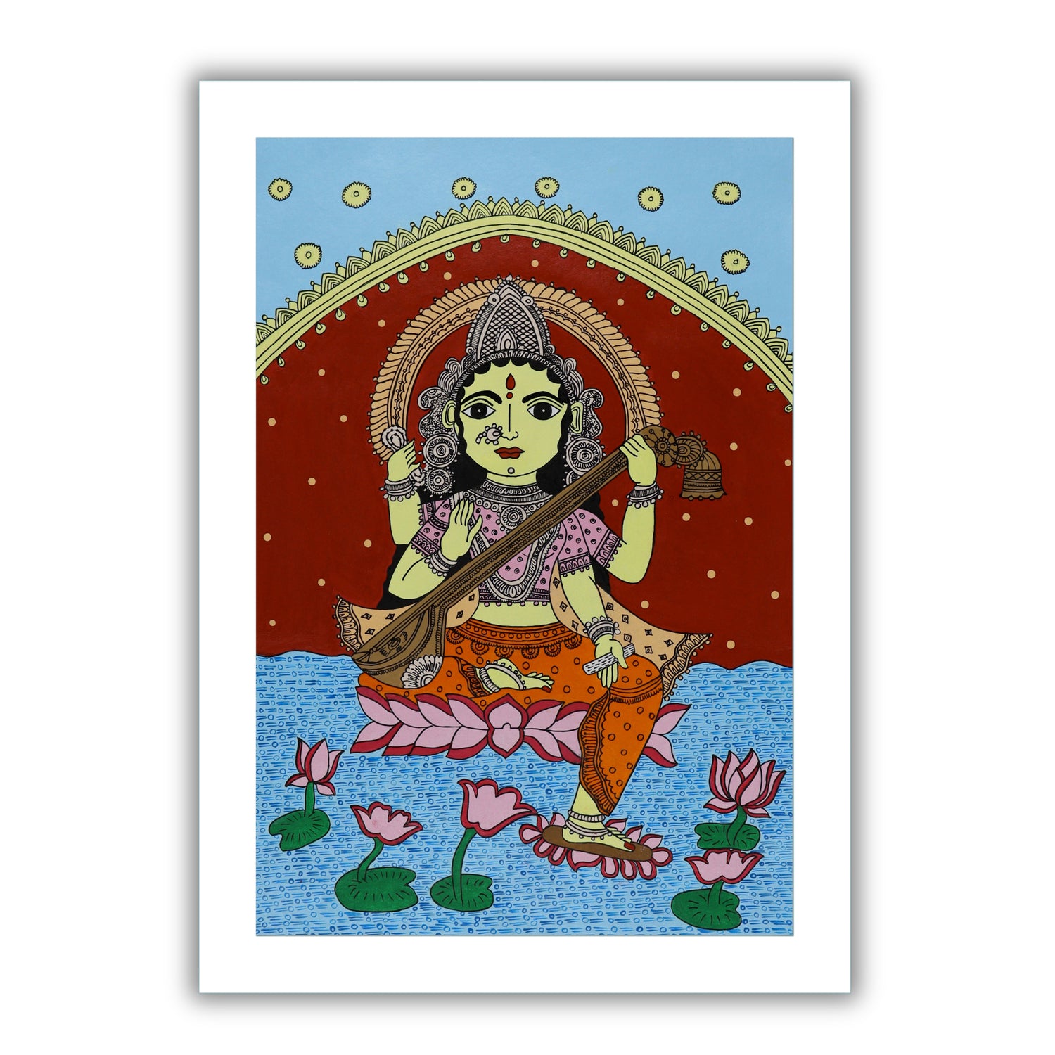 Framed artwork of a colorful saraswati-with handmade kalamkari painting 