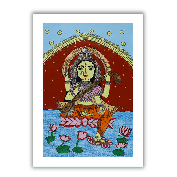 Framed artwork of a colorful saraswati-with handmade kalamkari painting 