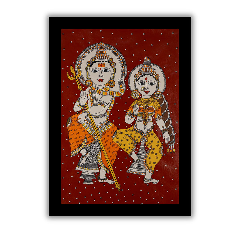 Framed artwork of a colorful shiv and parvati-with handmade kalamkari painting 