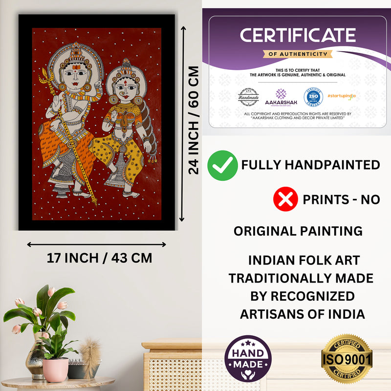 Handmade Kalamkari Shiv and Parvati Painting 17x24Inch Wall Art