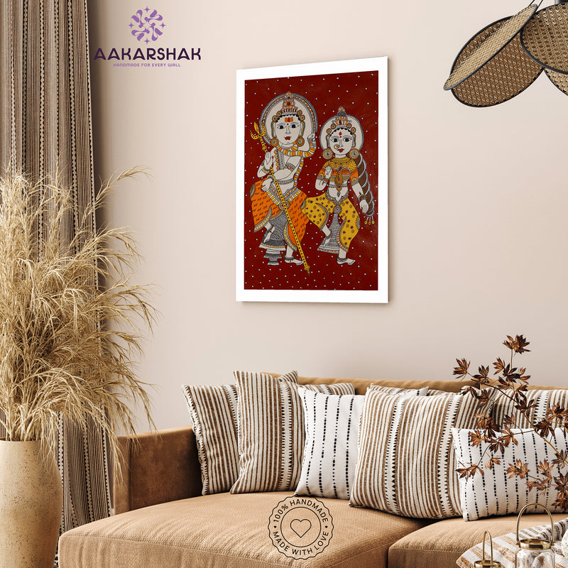 Handmade Kalamkari Shiv and Parvati Painting 17x24Inch Wall Art