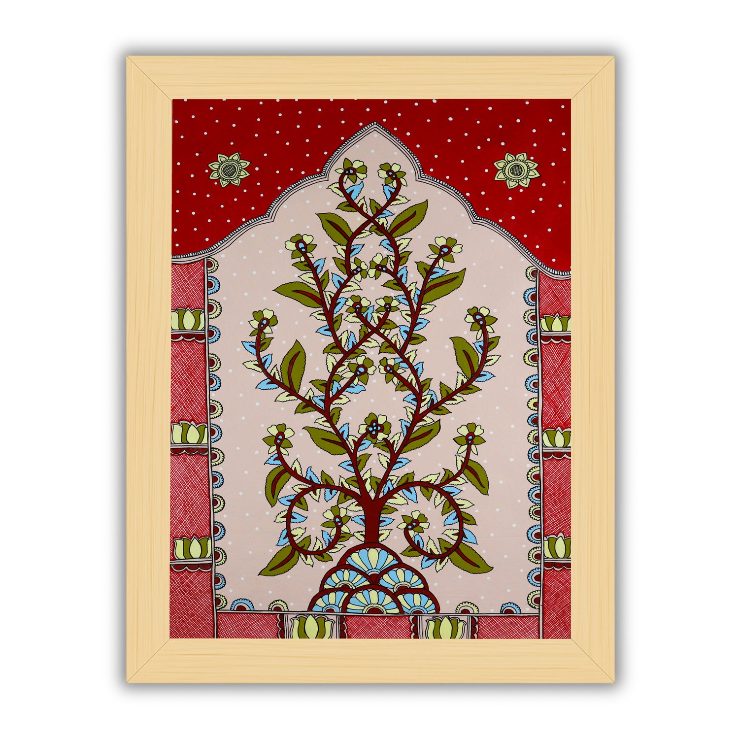 Framed artwork of a colorful tree of life -with handmade kalamkari painting 