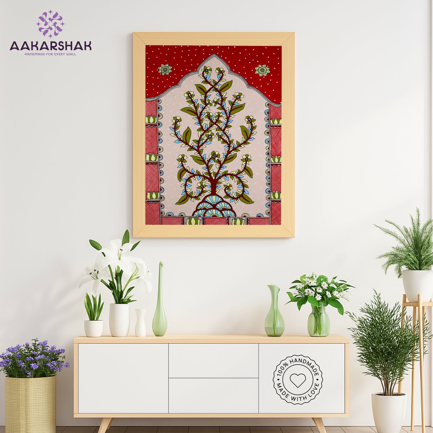 Framed artwork with tree of life  design -handmade kalamkari painting for home decor