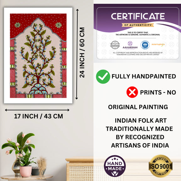Framed artwork with dimensions, authenticity certificate and handmade iso certified-tree of life kalamkari painting