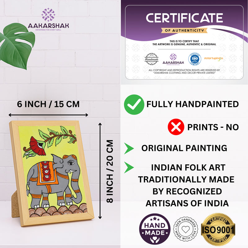 Handmade Kalamkari Elephant Painting – Framed 6x8 Inch Wall Art