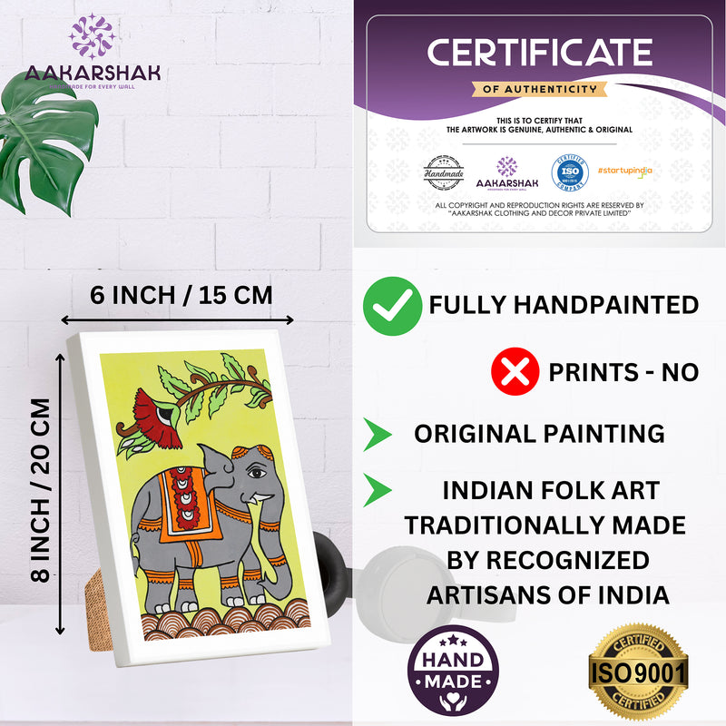 Handmade Kalamkari Elephant Painting – Framed 6x8 Inch Wall Art