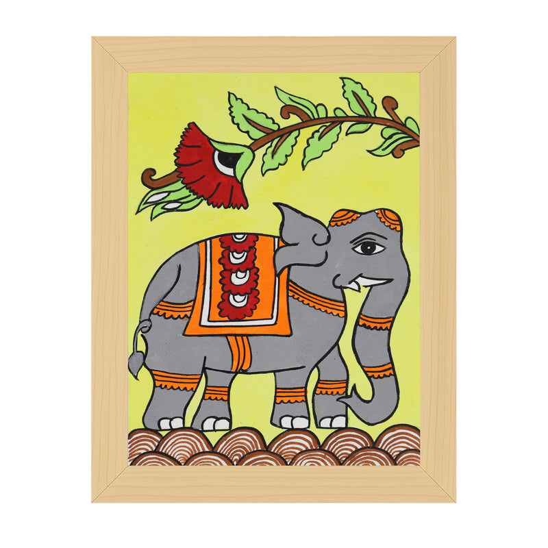 Handmade Kalamkari Elephant Painting – Framed 6x8 Inch Wall Art